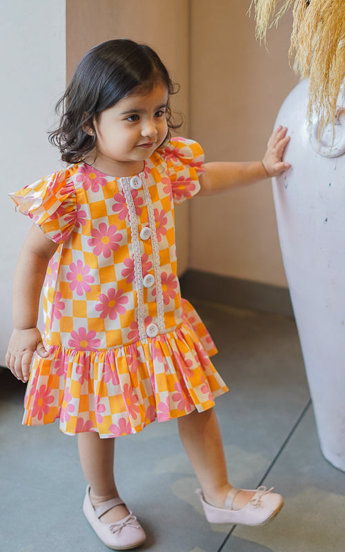 Yellow Checked Dress for little girls